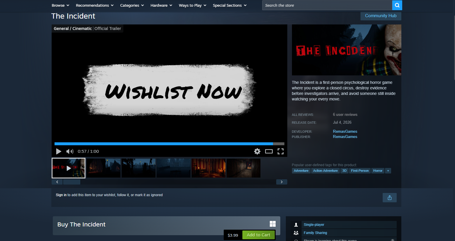 The Incident Steam store page